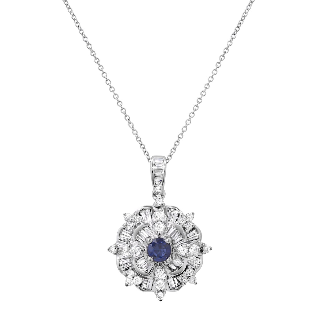 14K White Gold Setting with 0.20ct Sapphire and 1.30ct Diamond Pendant: Retail: $5,750.00 ****** 14K White Gold Setting with 0.20ct Sapphire and 1.30ct Diamond Pendant ****** Size: 18 / Metal: 14K White Gold / Total Item Weight: 6.16 Grams / Country Made: United States / 