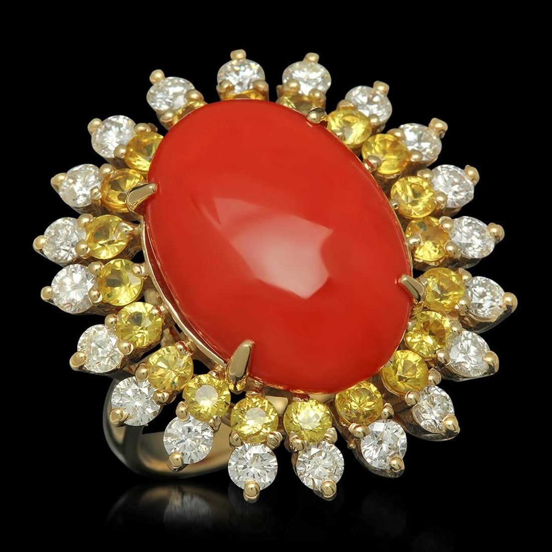 14K Yellow Gold 8.0ct Coral 1.79ct Sapphire and 1.47ct Diamond Ring: Retail: $11,510.00 ****** 14K Yellow Gold 8.0ct Coral 1.79ct Sapphire and 1.47ct Diamond Ring ****** Metal: 14K Yellow Gold / Total Item Weight: 10.3 Grams / Country Made: United States / / Main Stone