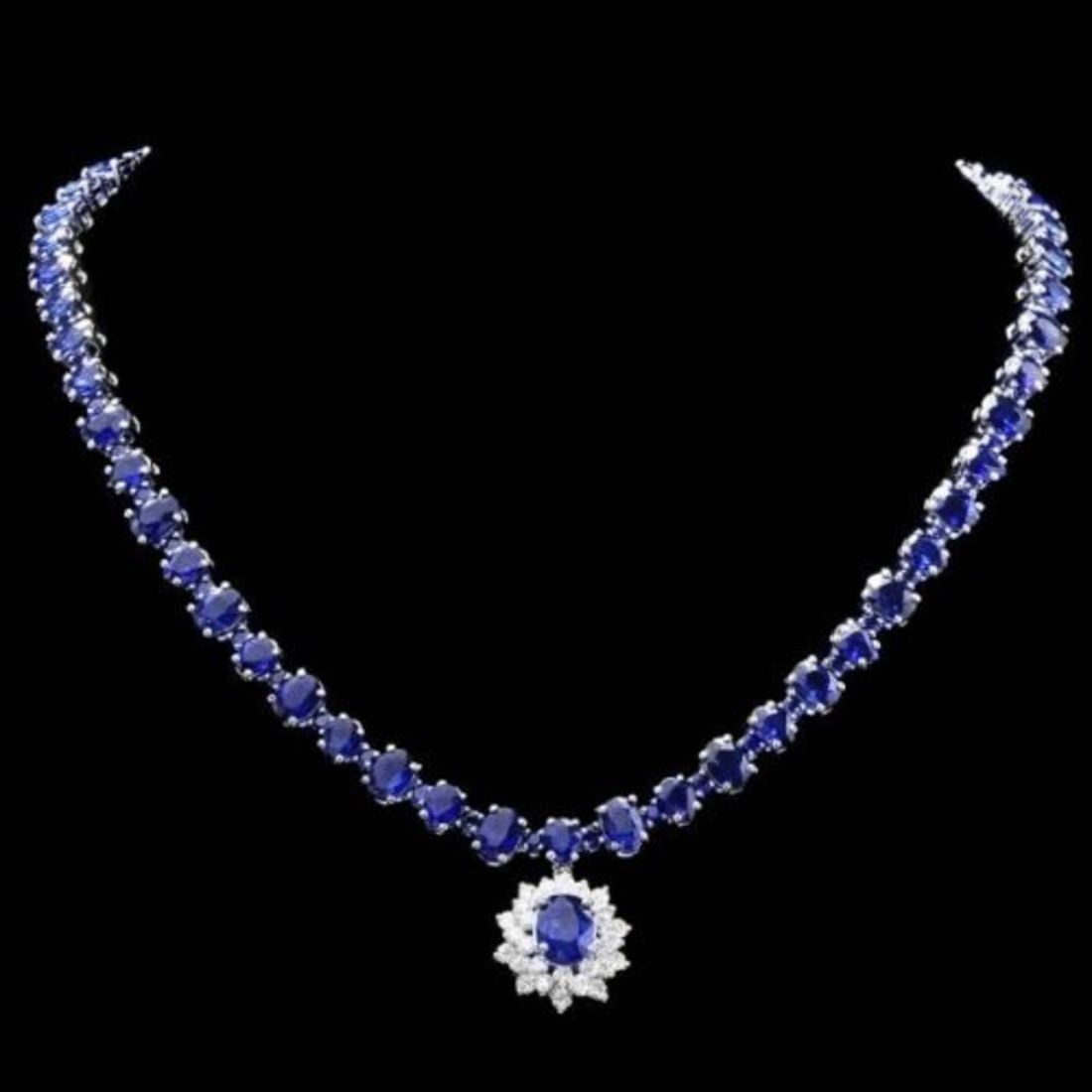 14K White Gold 47.50ct Sapphire and 1.85ct Diamond Necklace: Retail: $43,357.00 ****** 14K White Gold 47.50ct Sapphire and 1.85ct Diamond Necklace ****** Metal: 14K White Gold / Total Item Weight: 47.0 Grams / Country Made: United States / / Main Stone: