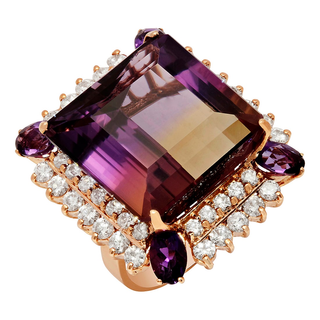 14k Rose Gold 28.30ct Ametrine 0.80ct Amethyst 2.14ct Diamond Ring: Retail: $10,725.00 ****** 14k Rose Gold 28.30ct Ametrine 0.80ct Amethyst 2.14ct Diamond Ring ****** Metal: 14K Rose Gold / Total Item Weight: 16.50 grams / Country Made: United States / / Main Stone: