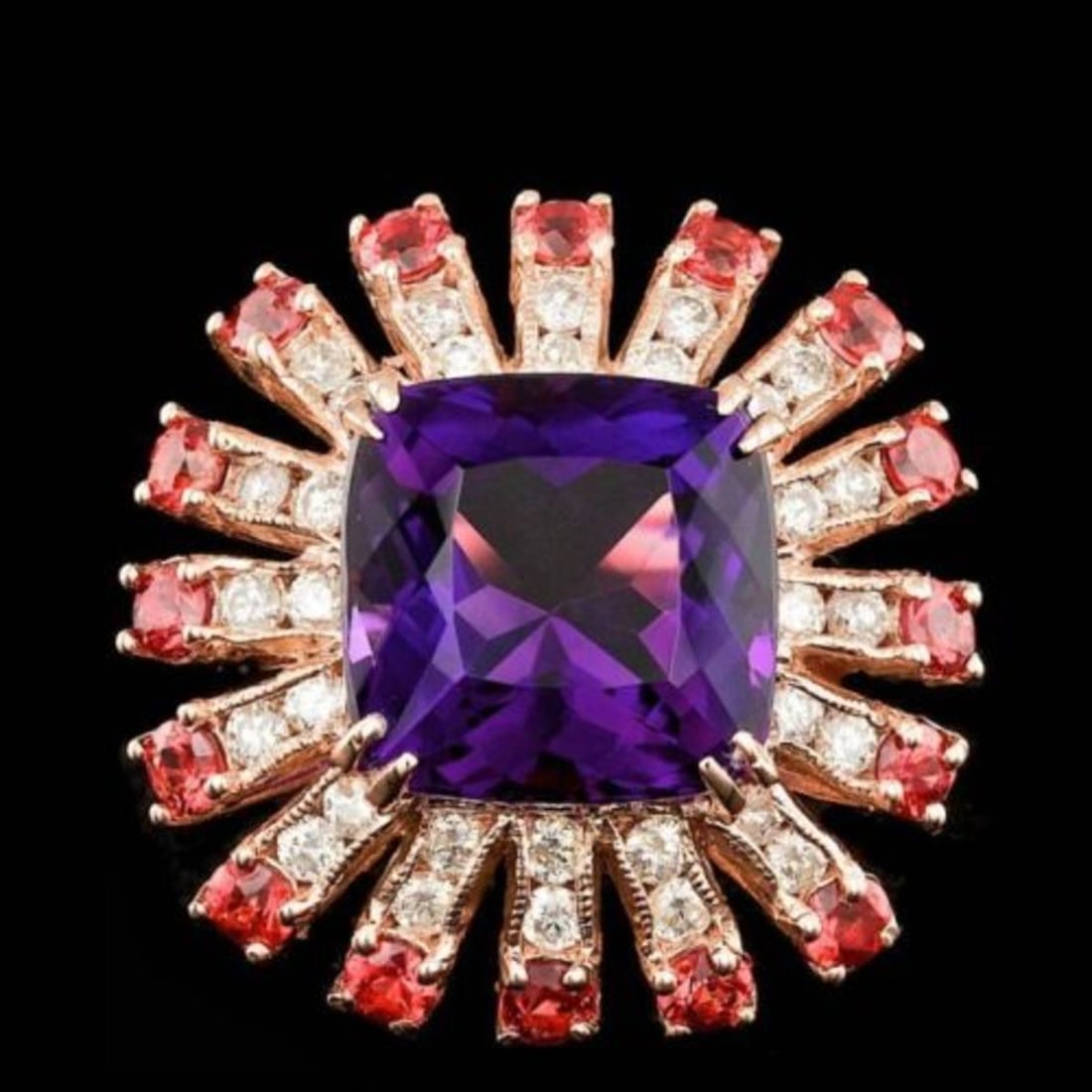 14K Rose Gold 7.41ct Amethyst 2.53ct Sapphire and 0.98ct Diamond Ring: Retail: $11,790.00 ****** 14K Rose Gold 7.41ct Amethyst 2.53ct Sapphire and 0.98ct Diamond Ring ****** Metal: 14K Rose Gold / Total Item Weight: 9.0 Grams / Country Made: United States / / Main Stone:
