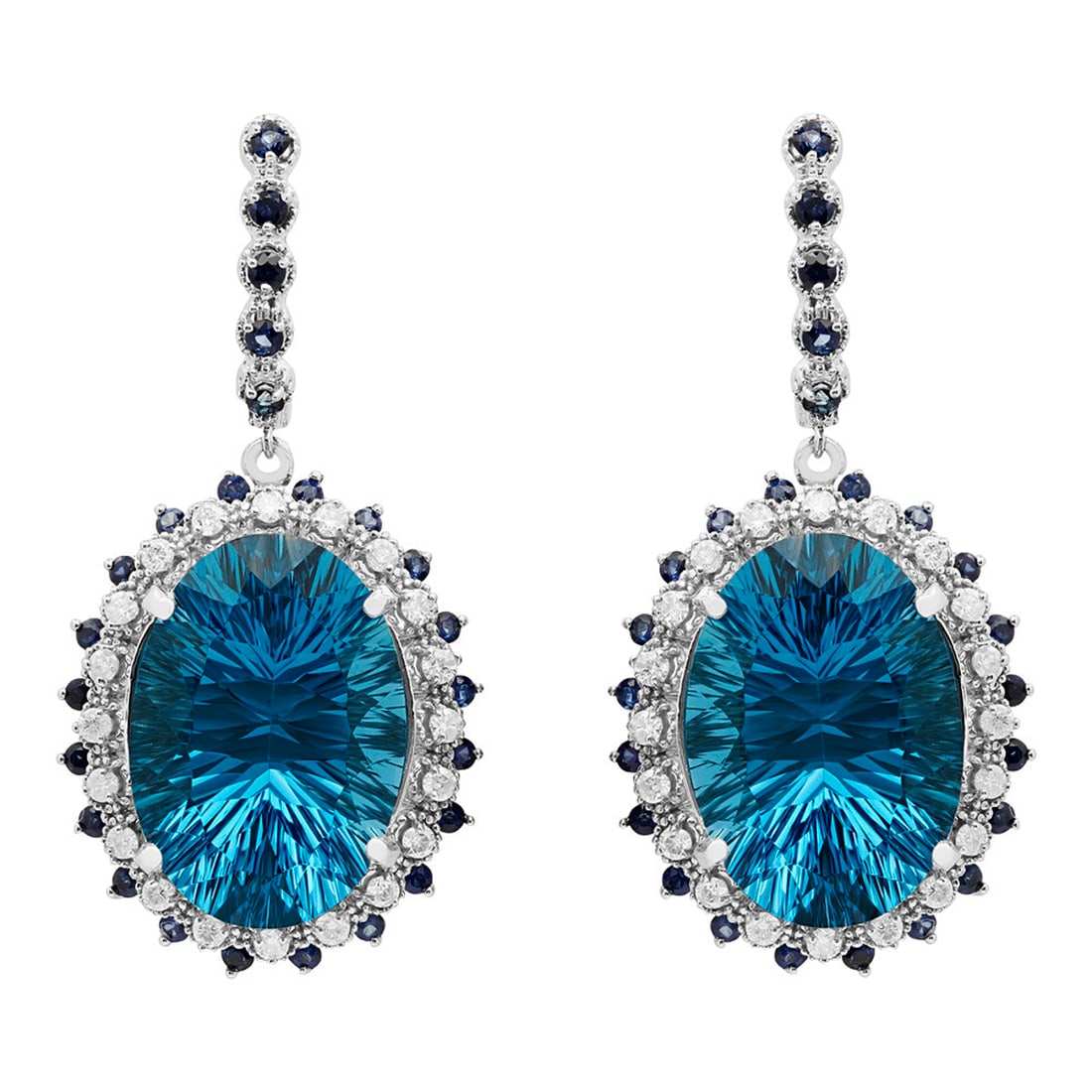 14k White Gold 51.78ct Topaz & 1.83ct Sapphire 1.12ct Diamond Earrings: Retail: $11,500.00 ****** 14k White Gold 51.78ct Topaz & 1.83ct Sapphire 1.12ct Diamond Earrings ****** Metal: 14K White Gold / Total Item Weight: 20.30 grams / Country Made: United States / / Main St