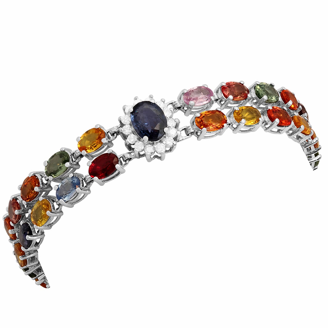 14k White Gold 27.65ct Sapphire 1.20ct Diamond Bracelet: Retail: $11,875.00 ****** 14k White Gold 27.65ct Sapphire 1.20ct Diamond Bracelet ****** Metal: 14K White Gold / Total Item Weight: 17.42 grams / Country Made: United States / / Main Stone: Sapphire /
