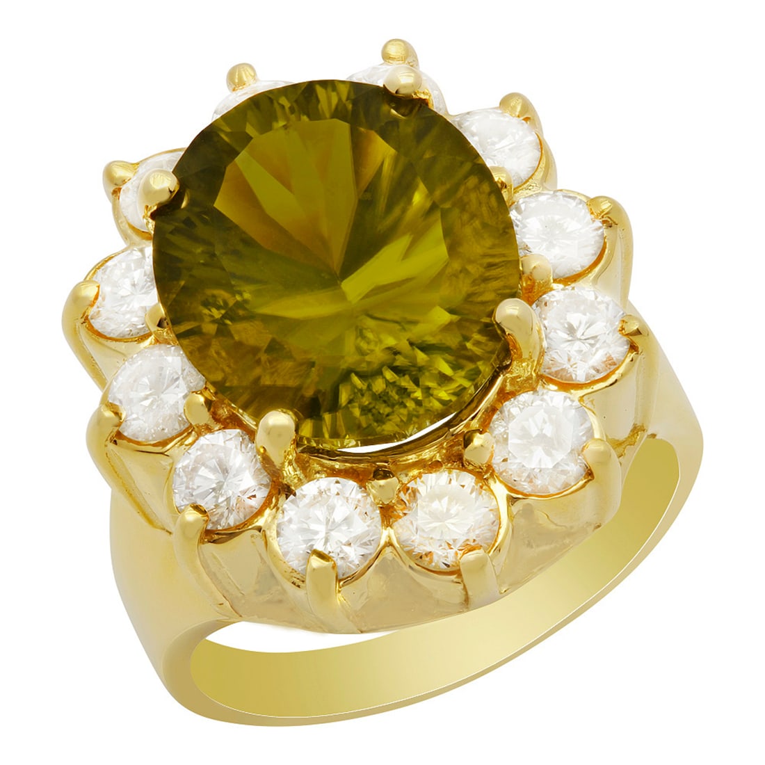 14k Yellow Gold 7.69ct Peridot 1.82ct Diamond Ring: Retail: $8,650.00 ****** 14k Yellow Gold 7.69ct Peridot 1.82ct Diamond Ring ****** Metal: 14K Yellow Gold / Total Item Weight: 10.90 grams / Country Made: United States / / Main Stone: Peridot / Color