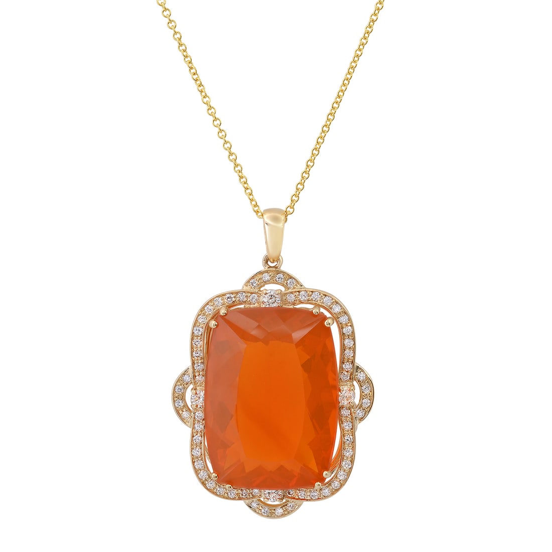 14K Yellow Gold Setting with 47.93ct Fire Opal and 1.87ct Diamond Pendant: Retail: $18,322.00 ****** 14K Yellow Gold Setting with 47.93ct Fire Opal and 1.87ct Diamond Pendant ****** Size: 18 Chain / Metal: 14K Yellow Gold / Total Item Weight: 22.5 Grams / Country Made: