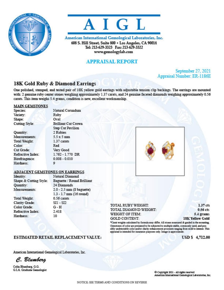 18K Yellow Gold Setting with 1.37ct Ruby and 0.56ct Diamond Earrings - 3