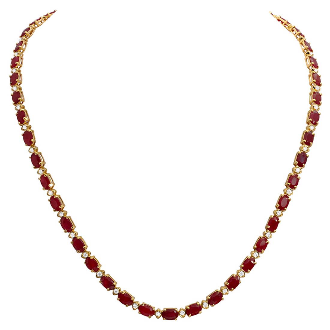 14k Yellow Gold 26.27ct Ruby 1.32ct Diamond Necklace: Retail: $13,750.00 ****** 14k Yellow Gold 26.27ct Ruby 1.32ct Diamond Necklace ****** Metal: 14K Yellow Gold / Total Item Weight: 22.40 grams / Country Made: United States / / Main Stone: Ruby /