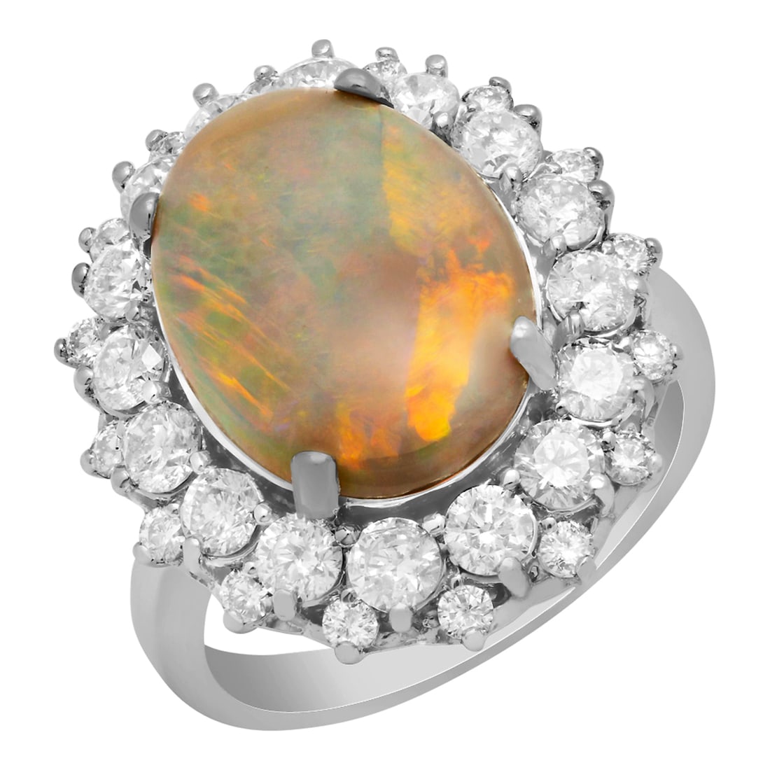 14k White Gold 3.78ct Opal 1.84ct Diamond Ring: Retail: $8,935.00 ****** 14k White Gold 3.78ct Opal 1.84ct Diamond Ring ****** Metal: 14K White Gold / Total Item Weight: 8.00 grams / Country Made: United States / / Main Stone: Opal / Color: Play of
