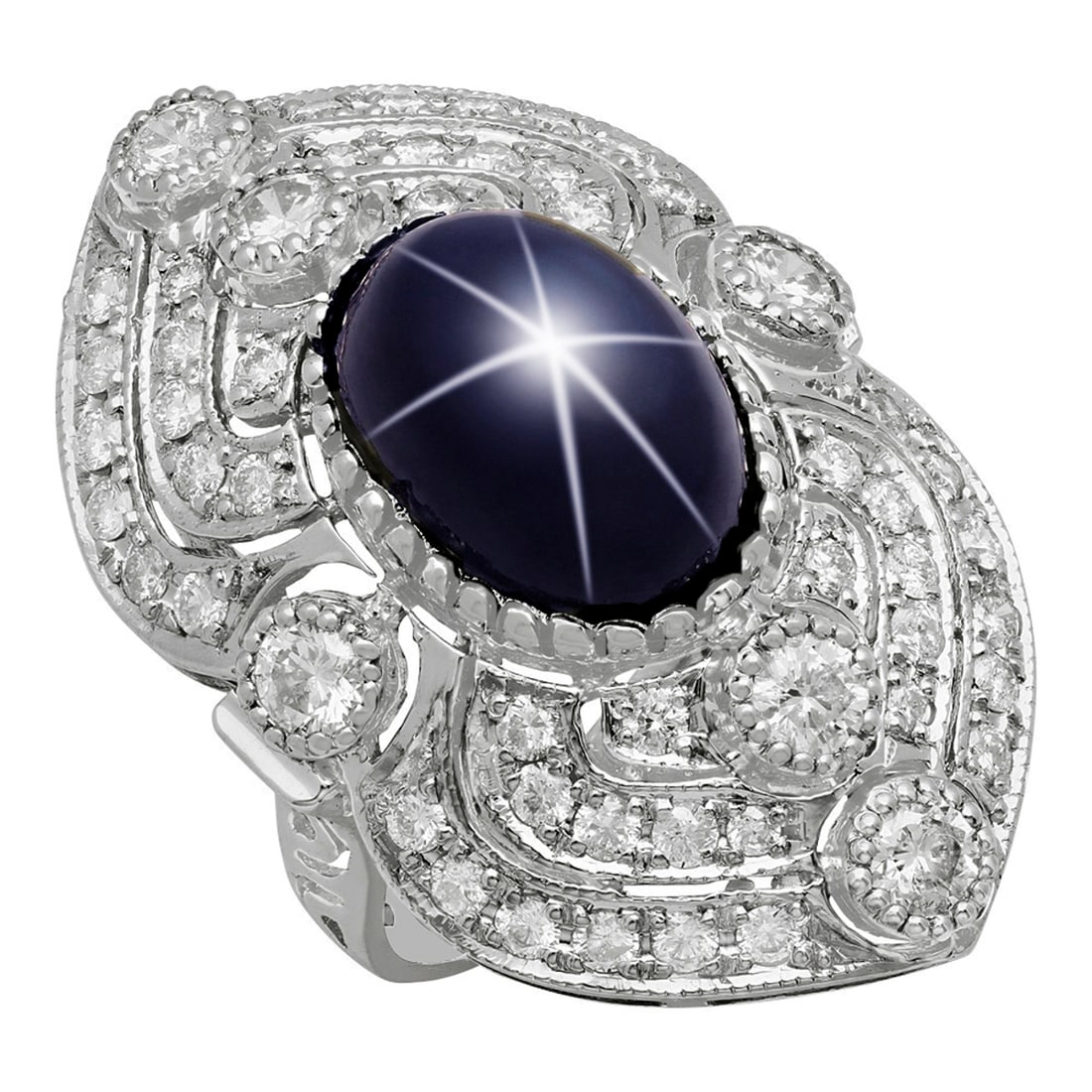 14k White Gold 13.91ct Star Sapphire 2.41ct Diamond Ring: Retail: $12,435.00 ****** 14k White Gold 13.91ct Star Sapphire 2.41ct Diamond Ring ****** Metal: 14K White Gold / Total Item Weight: 13.20 grams / Country Made: United States / / Main Stone: Star