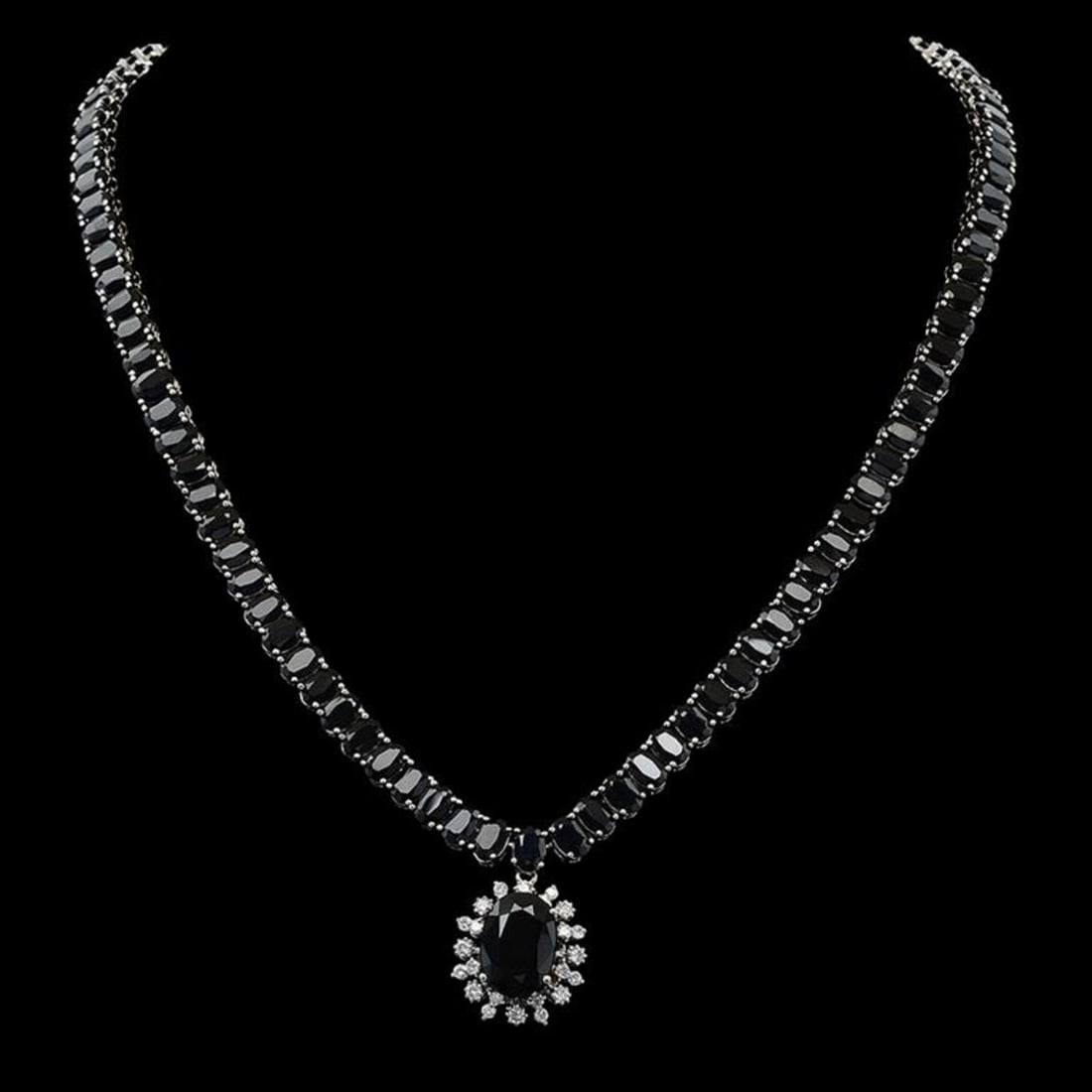 14K Gold 67.77ct Sapphire 0.87ct Diamond Necklace: Retail: $35,360.00 ****** 14K Gold 67.77ct Sapphire 0.87ct Diamond Necklace ****** Metal: 14K Solid White Gold / Total Item Weight: 38.3 grams / Country Made: United States / / Main Stone: Sapphire /