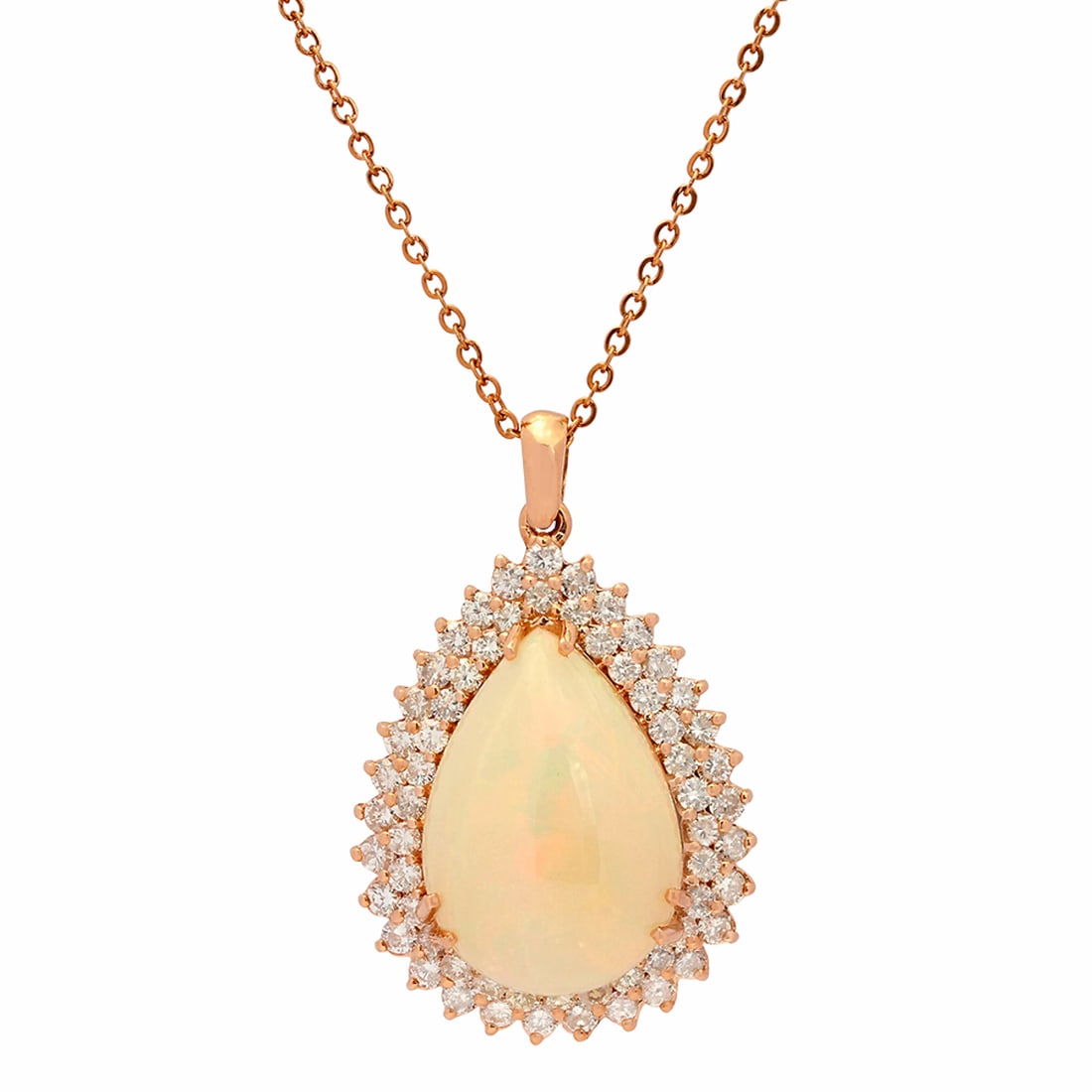 14k Rose Gold 13.99ct White Opal 2.41ct Diamond Pendant: Retail: $19,485.00 ****** 14k Rose Gold 13.99ct White Opal 2.41ct Diamond Pendant ****** Metal: 14K Rose Gold / Total Item Weight: 11.20 grams / Country Made: United States / / Main Stone: White Opal 