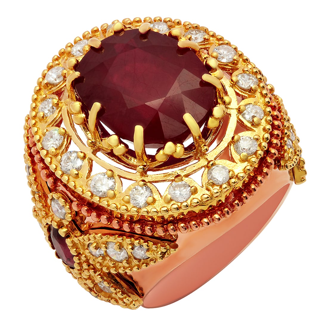 14k Yellow & Rose Gold 12.71ct & 1.00ct Ruby 2.44ct Diamond Ring: Retail: $12,265.00 ****** 14k Yellow & Rose Gold 12.71ct & 1.00ct Ruby 2.44ct Diamond Ring ****** Metal: 14K Yellow & Rose Gold / Total Item Weight: 19.20 grams / Country Made: United States / / Main