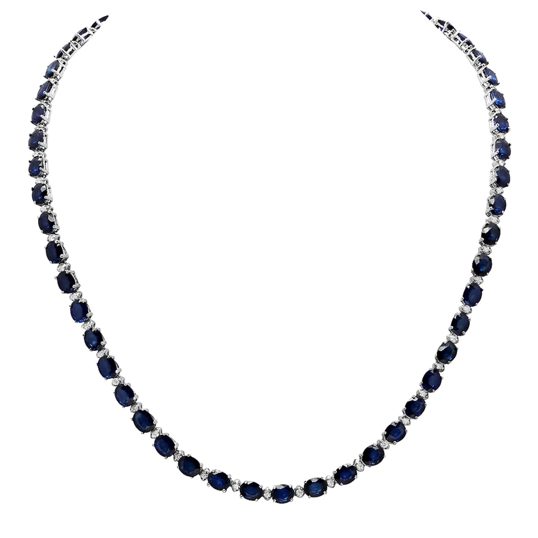 14k White Gold 33.56ct Sapphire 1.70ct Diamond Necklace: Retail: $13,255.00 ****** 14k White Gold 33.56ct Sapphire 1.70ct Diamond Necklace ****** Metal: 14K White Gold / Total Item Weight: 21.33 grams / Country Made: United States / / Main Stone: Sapphire /