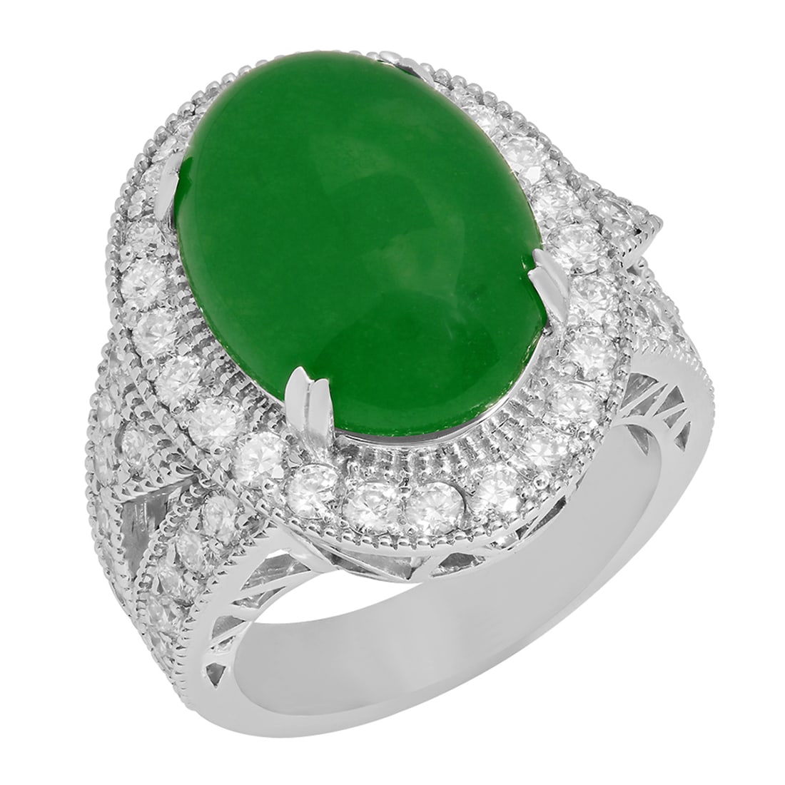 14k White Gold 8.68ct Jade 1.96ct Diamond Ring: Retail: $8,290.00 ****** 14k White Gold 8.68ct Jade 1.96ct Diamond Ring ****** Metal: 14K White Gold / Total Item Weight: 13.20 grams / Country Made: United States / / Main Stone: Jade / Color: Intens