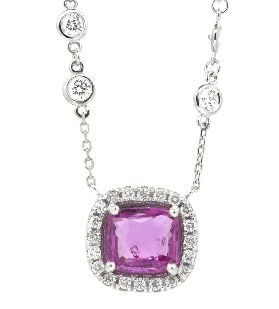 18K White Gold Ladies Pendant with 3.69ct Pink Sapphire and 3.42ct tw Diamonds: Retail: $29,000.00 ****** 18K White Gold Ladies Pendant with 3.69ct Pink Sapphire and 3.42ct tw Diamonds ****** Size: 16 / Metal: 18K White Gold / Total Item Weight: 10.6 Grams / Country Made: United