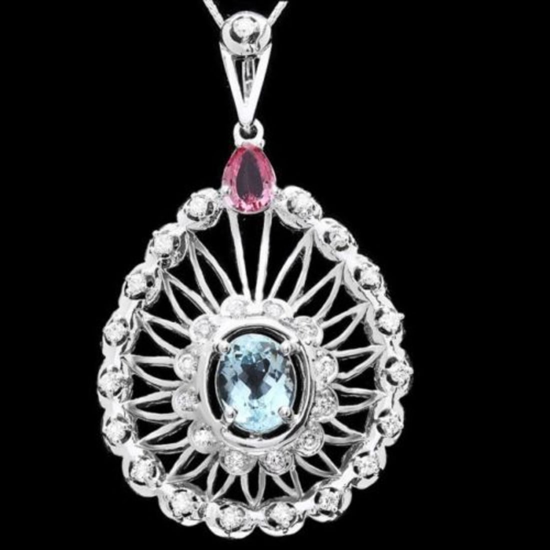 14K Gold 2.70ct Aquamarine 0.83ct Sapphire and 1.11ct Diamond Pendant: Retail: $9,665.00 ****** 14K Gold 2.70ct Aquamarine 0.83ct Sapphire and 1.11ct Diamond Pendant ****** Metal: 14K White Gold / Total Item Weight: 12.0 Grams / Country Made: United States / / Main