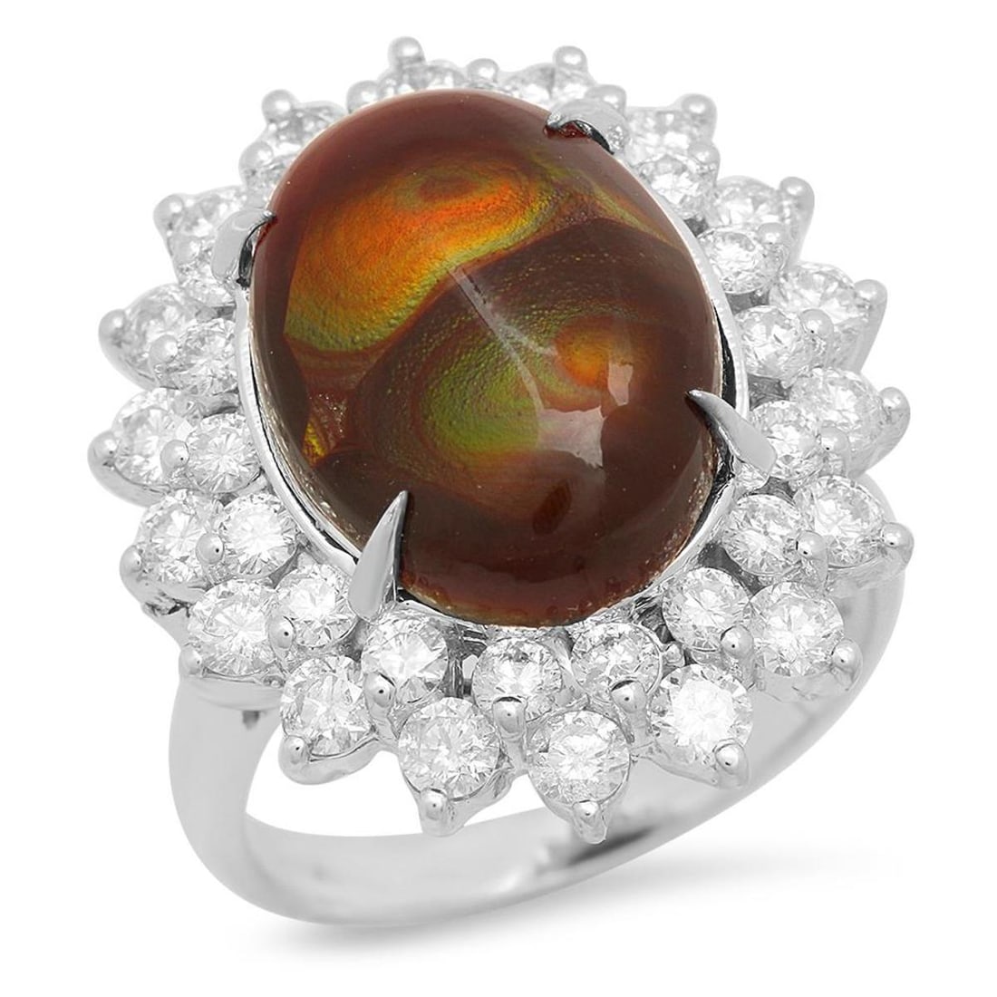 14K White Gold 3.92ct Fire Agate and 1.96ct Diamond Ring: Retail: $8,800.00 ****** 14K White Gold 3.92ct Fire Agate and 1.96ct Diamond Ring ****** Metal: 14K White Gold / Total Item Weight: 8.4 Grams / Country Made: United States / / Main Stone: Fire Agate /