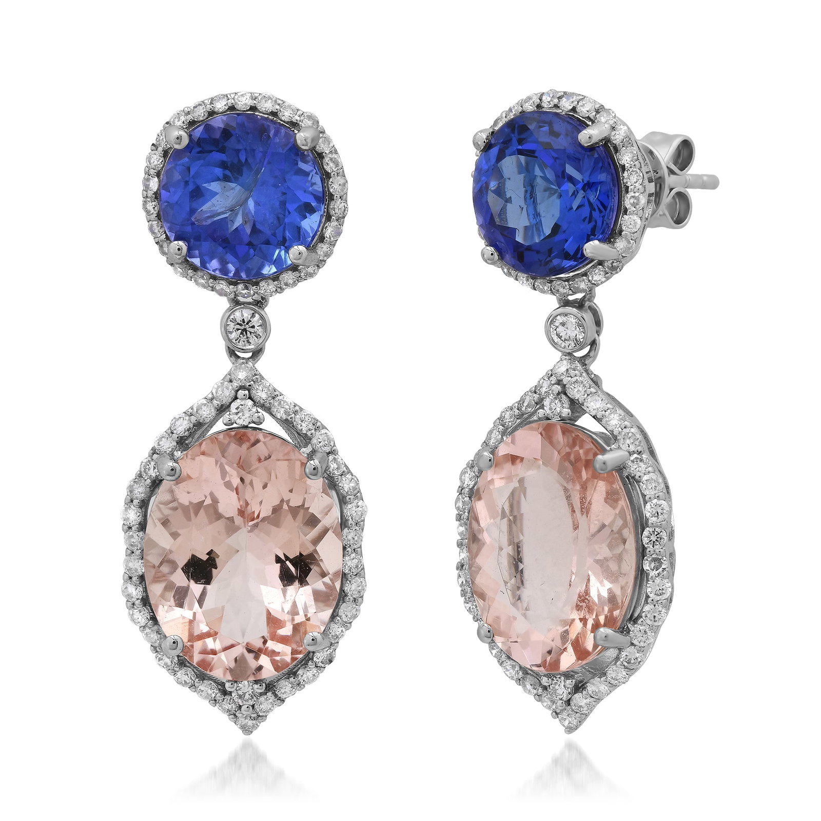 14K White Gold Ladies Earrings with 8.56tcw Morganite, 5.46tcw Tanzanite and 0.93tcw Adjacent: Retail: $30,940.00 ****** 14K White Gold Ladies Earrings with 8.56tcw Morganite, 5.46tcw Tanzanite and 0.93tcw Adjacent Diamonds ****** Size: 1.25 Long / Metal: 14K White Gold / Total Item Weight: 7.2