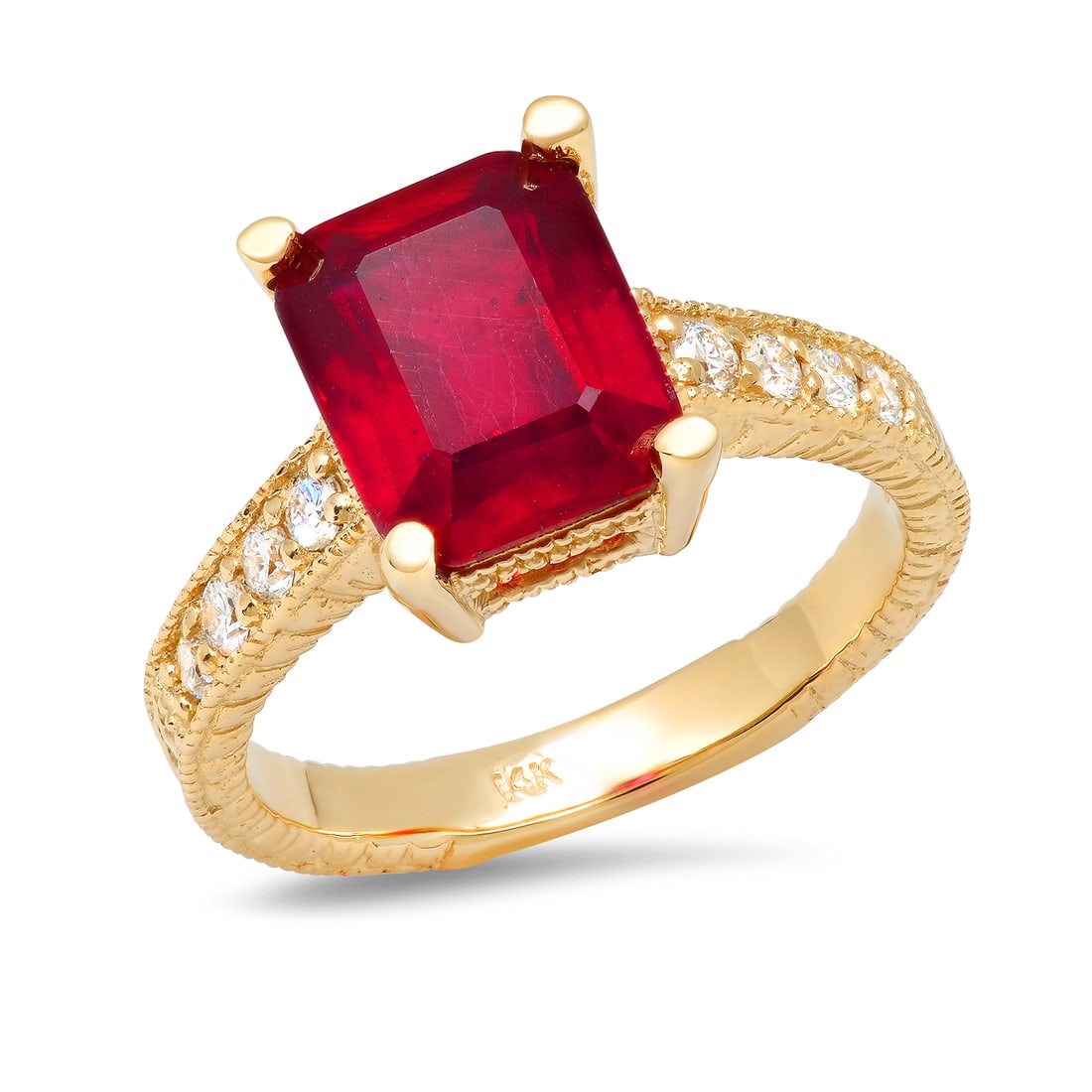 14K Yellow Gold 4.50ct Ruby and 0.30ct Diamond Ring: Retail: $3,370.00 ****** 14K Yellow Gold 4.50ct Ruby and 0.30ct Diamond Ring ****** Metal: 14K Yellow Gold / Total Item Weight: 5.9 Grams / Country Made: United States / / Main Stone: Ruby / Color: Re