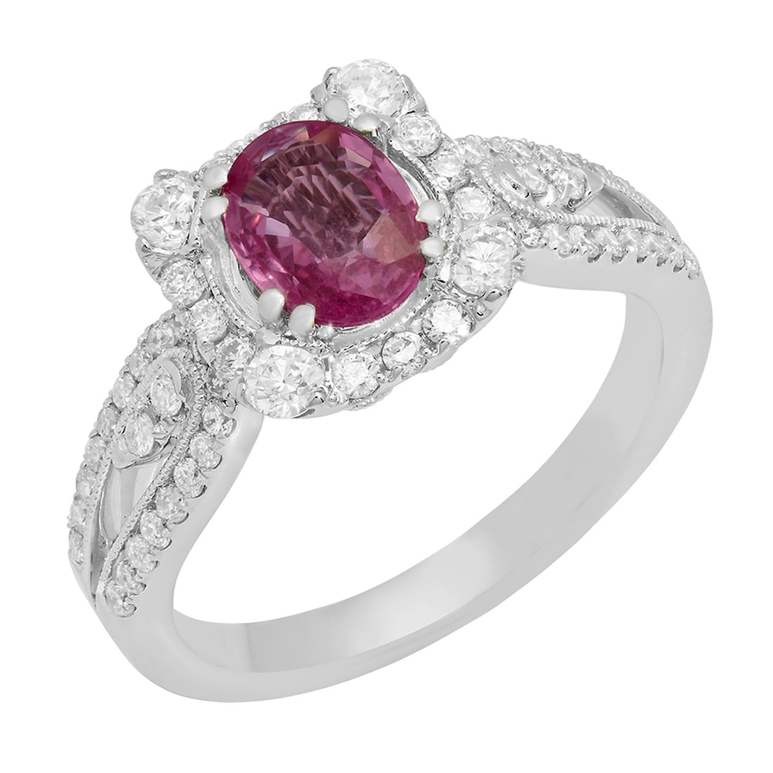 14k White Gold 1.00ct Pink Sapphire 0.68ct Diamond Ring: Retail: $5,630.00 ****** 14k White Gold 1.00ct Pink Sapphire 0.68ct Diamond Ring ****** Metal: 14K White Gold / Total Item Weight: 5.40 grams / Country Made: United States / / Main Stone: Pink Sapphir