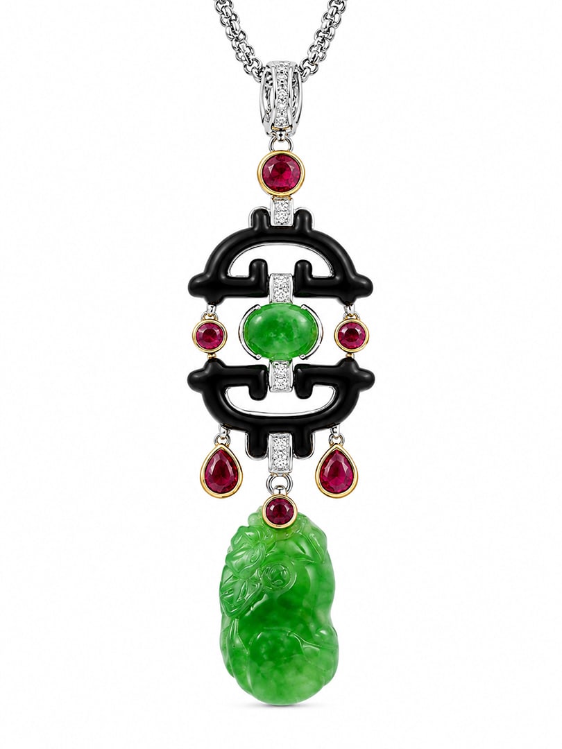 18K White and Yellow Gold Ladies Pendant with 16.53tcw GIA Certified Jadeitte, 2.25ct Ruby and: Retail: $18,500.00 ****** 18K White and Yellow Gold Ladies Pendant with 16.53tcw GIA Certified Jadeitte, 2.25ct Ruby and 0.45tcw Diamonds ****** Size: 16.75 / Metal: 18K White and Yellow Gold / Total 