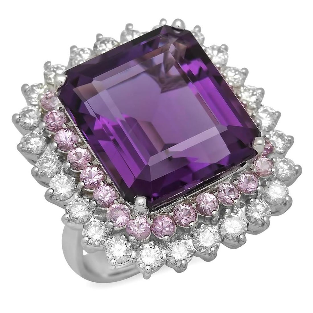 14K White Gold 20.26ct Amethyst 2.01ct Pink Sapphire and 2.43ct Diamond Ring: Retail: $13,215.00 ****** 14K White Gold 20.26ct Amethyst 2.01ct Pink Sapphire and 2.43ct Diamond Ring ****** Metal: 14K White Gold / Total Item Weight: 16.0 Grams / Country Made: United States / / Ma