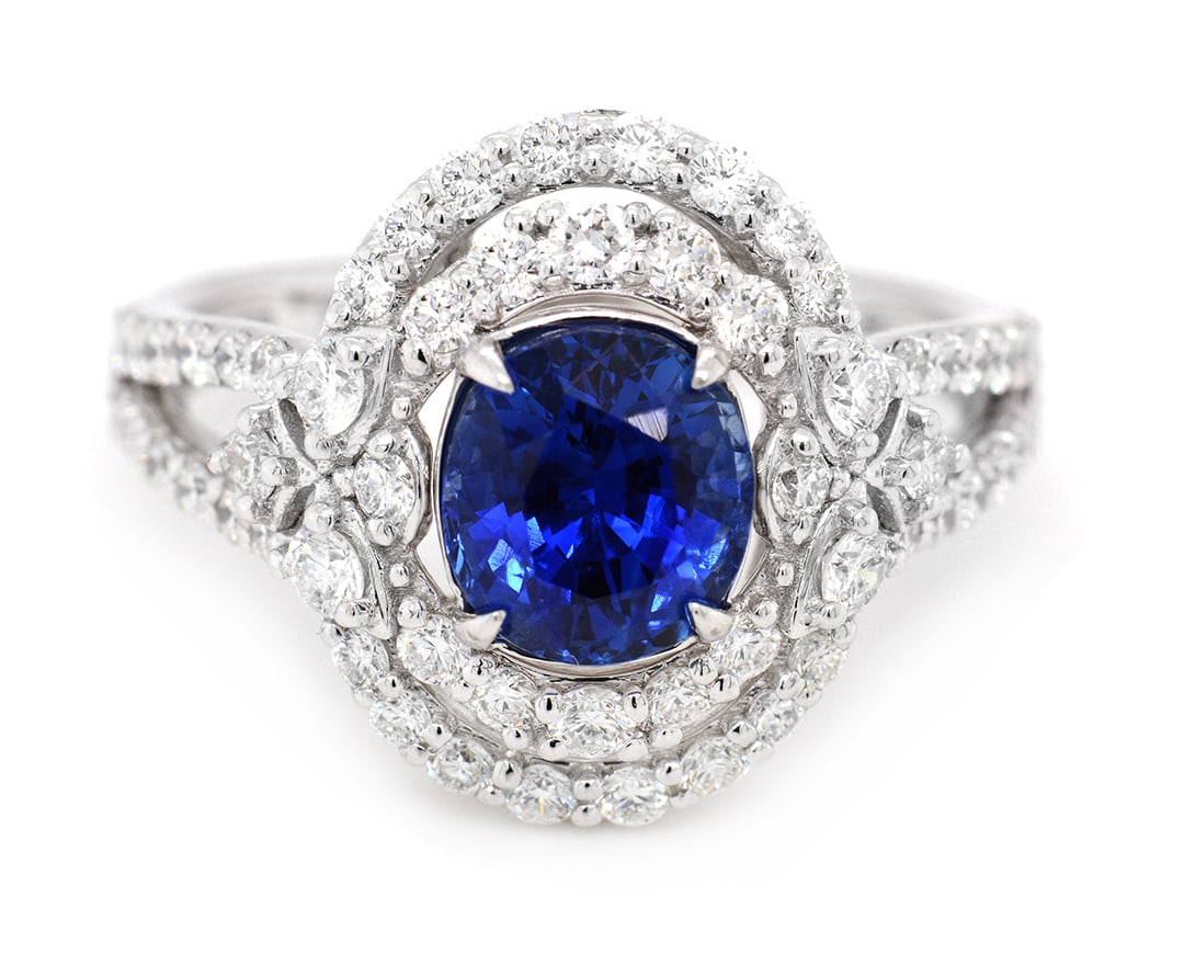 Platinum Ladies Ring with 2.09ct GIA Certified Sapphire and 0.91tcw Adjacent Diamonds: Retail: $28,000.00 ****** Platinum Ladies Ring with 2.09ct GIA Certified Sapphire and 0.91tcw Adjacent Diamonds ****** Size: 6.5 / Metal: Platinum / Total Item Weight: 6.7 Grams / Country Made: United