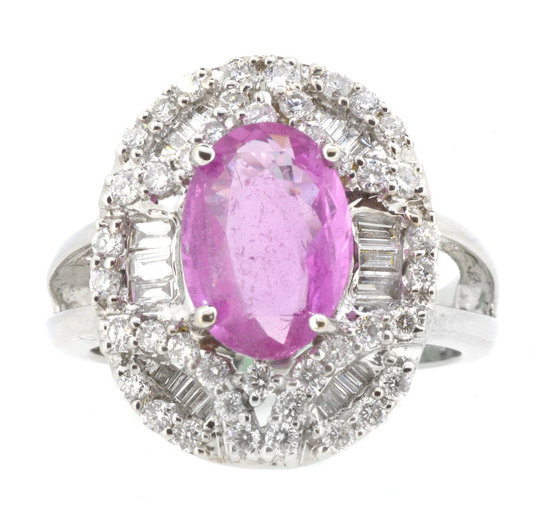 18K White Gold Ladies Ring with 2.92ct Pink Sapphire and 0.95ct tw Adjacent Diamonds: Retail: $9,000.00 ****** 18K White Gold Ladies Ring with 2.92ct Pink Sapphire and 0.95ct tw Adjacent Diamonds ****** Size: 6.5 / Metal: 18K White Gold / Total Item Weight: 7.87 Grams / Country Made: U