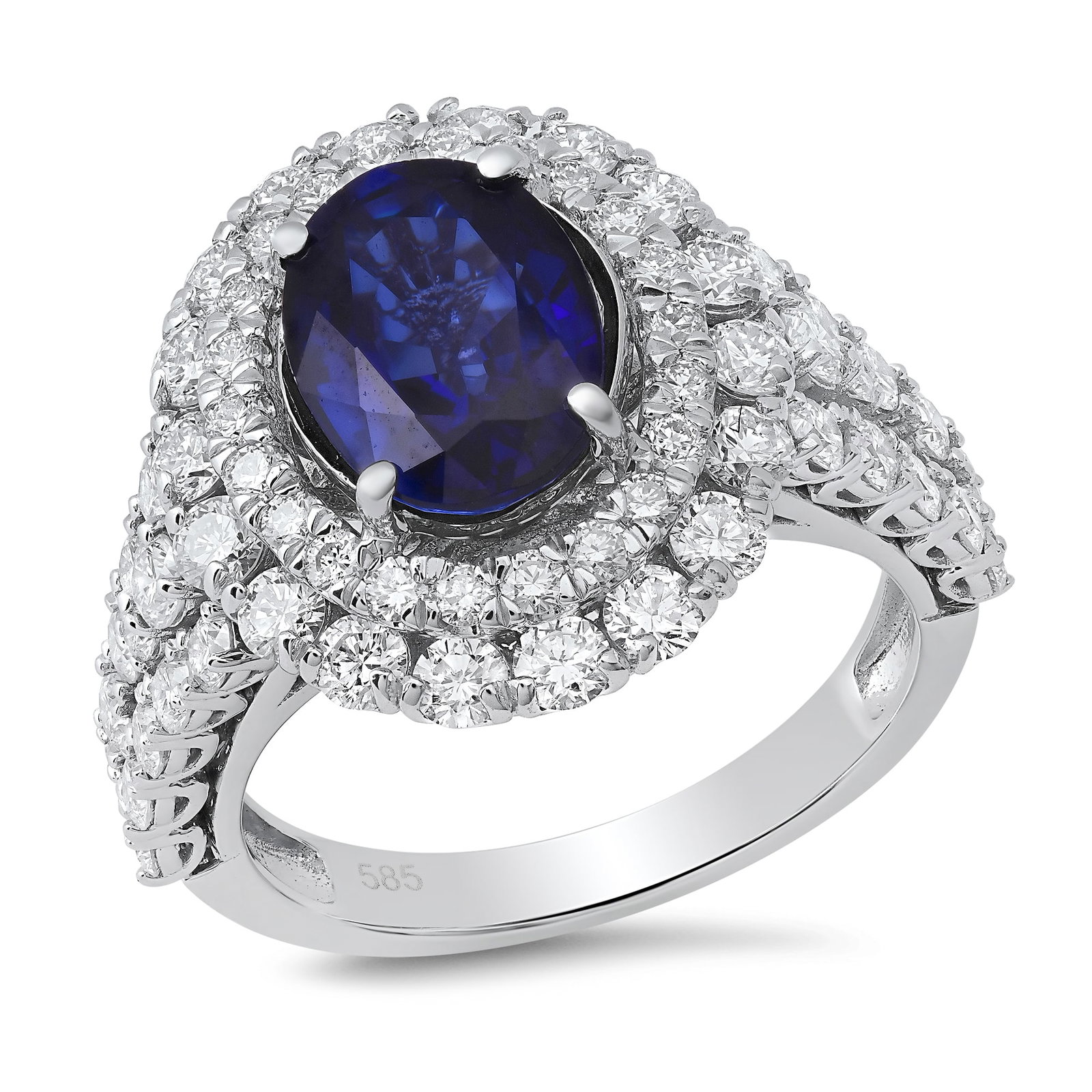 14K White Gold with 3.00ct Sapphire and 2.35ct Diamond Ladies Ring: Retail: $9,570.00 ****** 14K White Gold with 3.00ct Sapphire and 2.35ct Diamond Ladies Ring ****** Size: 7 / Metal: 14K White Gold / Total Item Weight: 6.8 Grams / Country Made: United States / / Main