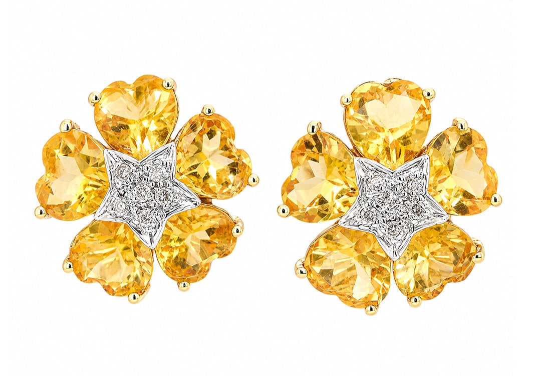 14K Yellow Gold Ladies Earrings with 3.10ct Heart Shaped Citrine and 0.15ct Diamond Earrings: Retail: $3,500.00 ****** 14K Yellow Gold Ladies Earrings with 3.10ct Heart Shaped Citrine and 0.15ct Diamond Earrings ****** Metal: 14K Yellow Gold / Total Item Weight: 4.8 Grams / Country Made: