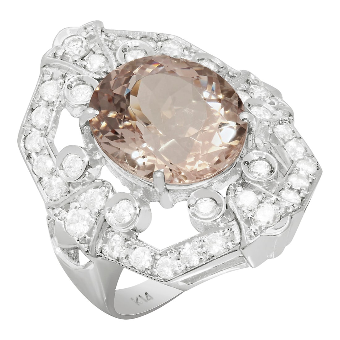 14k White Gold 7.16ct Morganite 1.21ct Diamond Ring: Retail: $9,290.00 ****** 14k White Gold 7.16ct Morganite 1.21ct Diamond Ring ****** Metal: 14K White Gold / Total Item Weight: 9.80 grams / Country Made: United States / / Main Stone: Morganite / Colo