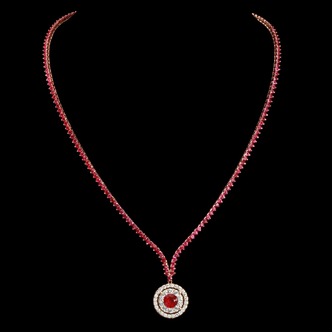 14k Rose Gold 10.88ct Ruby 1.24ct Diamond Necklace: Retail: $11,107.00 ****** 14k Rose Gold 10.88ct Ruby 1.24ct Diamond Necklace ****** Size: 18 / Metal: 14k Rose Gold / Total Item Weight: 16.0 Grams / Country Made: United States / / Main Stone: Ruby