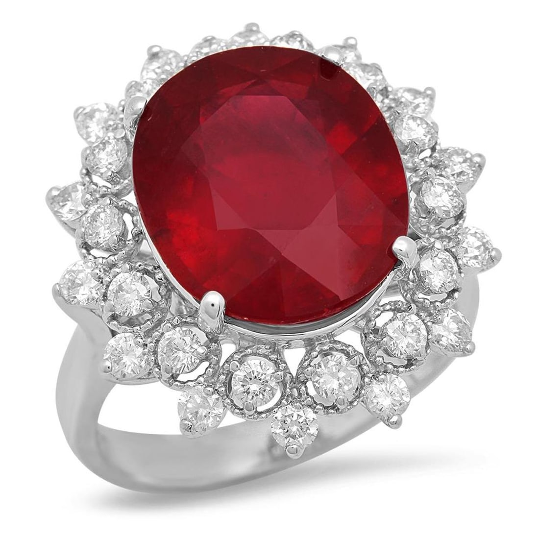 14K White Gold 9.66ct Ruby and 0.98ct Diamond Ring: Retail: $6,280.00 ****** 14K White Gold 9.66ct Ruby and 0.98ct Diamond Ring ****** Metal: 14K White Gold / Total Item Weight: 6.9 Grams / Country Made: United States / / Main Stone: Ruby / Color: Red 