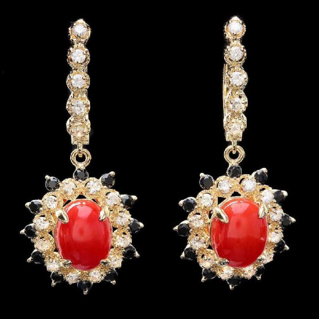 14K Yellow Gold 4.86ct Coral 0.94ct Sapphire and 0.77ct Diamond Earrings: Retail: $8,935.00 ****** 14K Yellow Gold 4.86ct Coral 0.94ct Sapphire and 0.77ct Diamond Earrings ****** Metal: 14K Yellow Gold / Total Item Weight: 8.0 Grams / Country Made: United States / / Main St