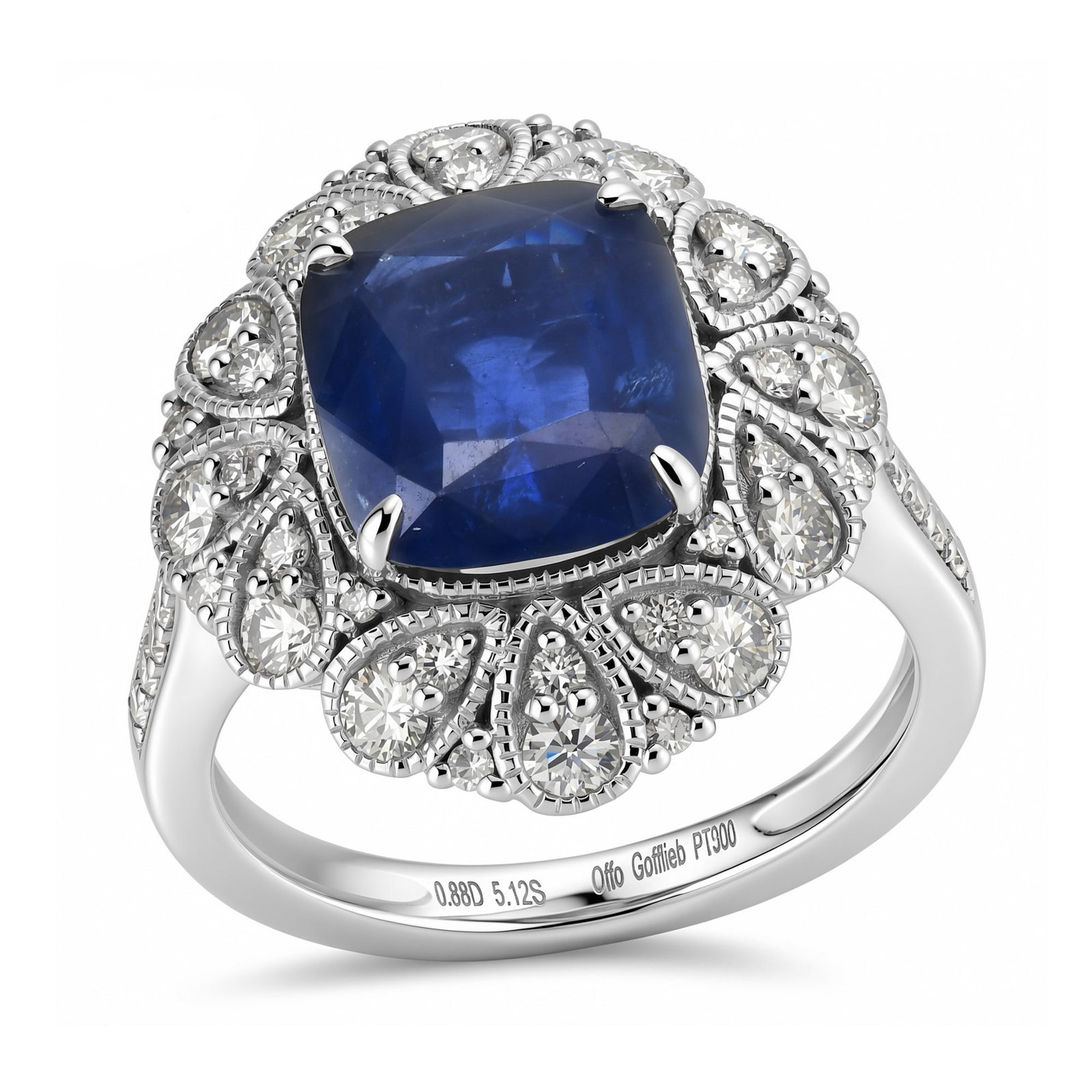 Platinum Ladies Ring with 5.12ct GIA Certified Sapphire and 0.88tcw Adjacent Diamonds: Retail: $31,680.00 ****** Platinum Ladies Ring with 5.12ct GIA Certified Sapphire and 0.88tcw Adjacent Diamonds ****** Size: 7 / Metal: Platinum / Total Item Weight: 9.1 Grams / Country Made: United S