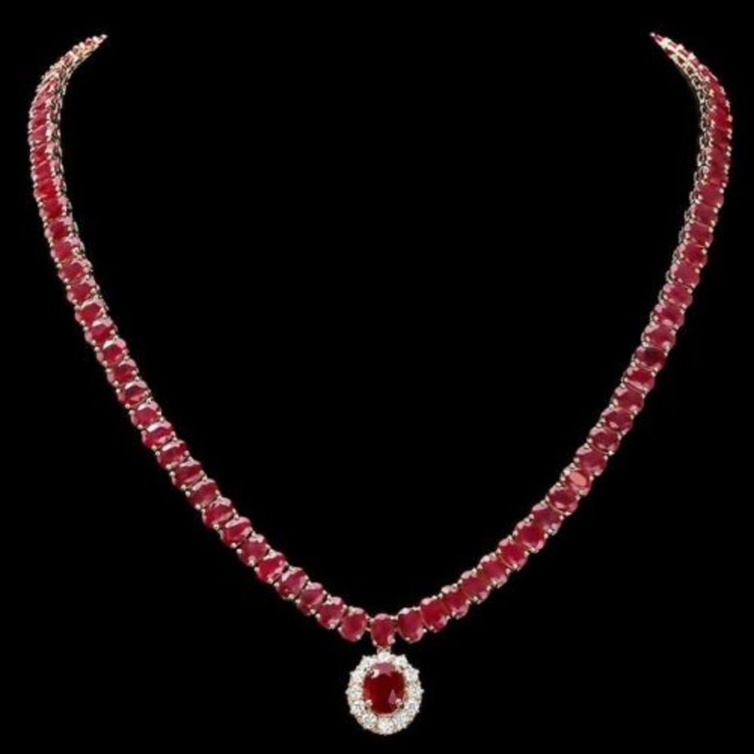 14K Yellow Gold 55.35ct Ruby and 1.20ct Diamond Necklace: Retail: $37,675.00 ****** 14K Yellow Gold 55.35ct Ruby and 1.20ct Diamond Necklace ****** Metal: 14K Yellow Gold / Total Item Weight: 37.5 Grams / Country Made: United States / / Main Stone: Ruby / Co