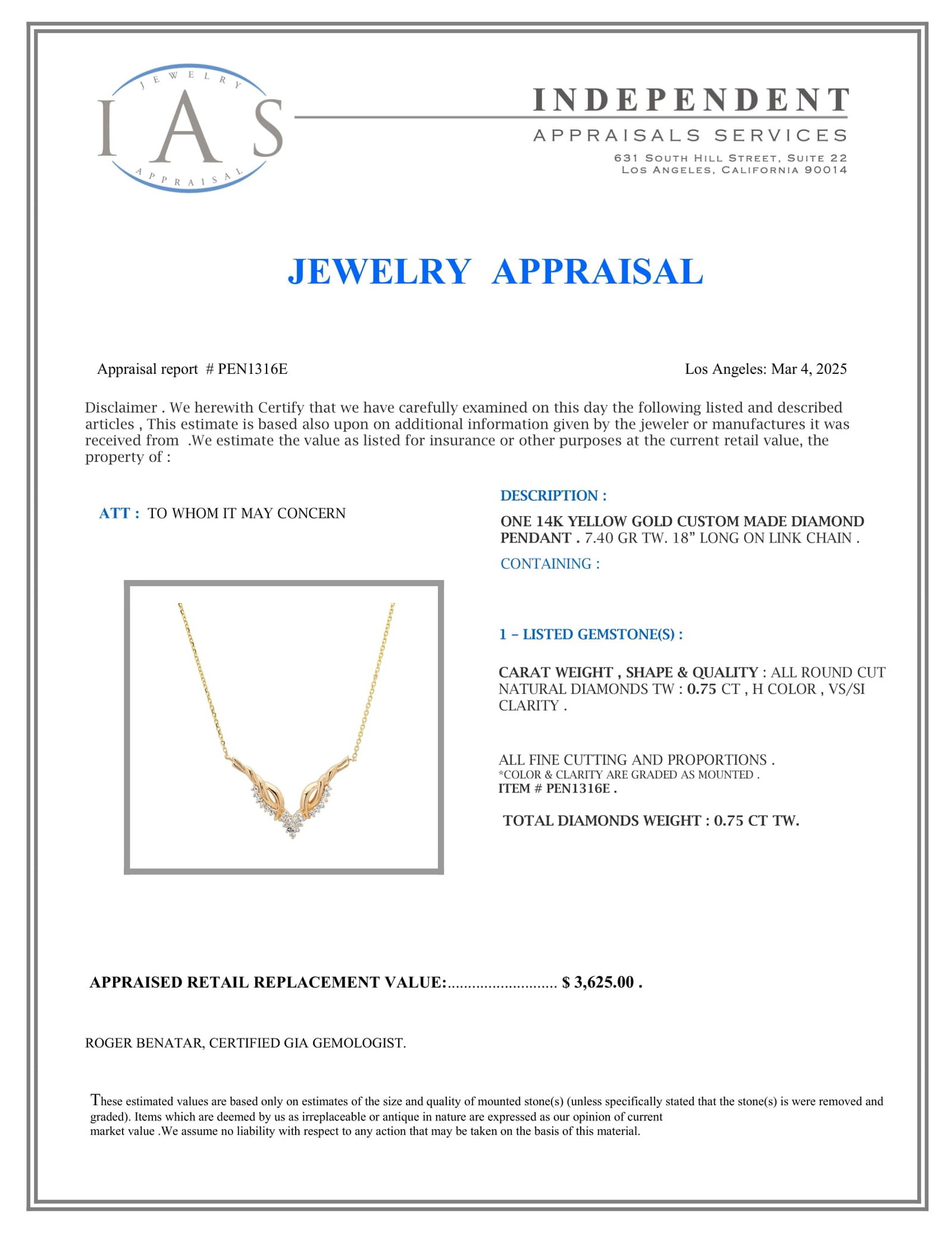 14K Yellow Gold Setting with 0.75ct Diamond Pendant - 3