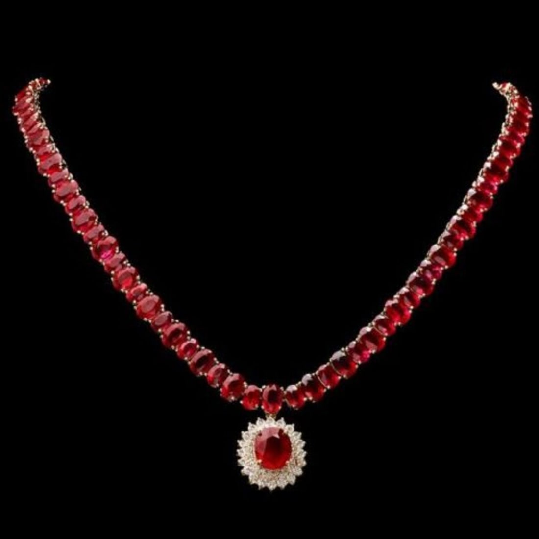 14K Yelloow Gold 102.37ct Ruby and 1.61ct Diamond Necklace: Retail: $39,225.00 ****** 14K Yelloow Gold 102.37ct Ruby and 1.61ct Diamond Necklace ****** Metal: 14K Yellow Gold / Total Item Weight: 47.0 Grams / Country Made: United States / / Main Stone: Ruby / 
