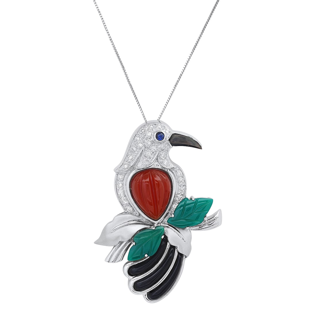 18K White Gold Setting with 0.28ct Diamond, 0.07ct Sapphire and Chalcedony Bird" Pendant": Retail: $8,500.00 ****** 18K White Gold Setting with 0.28ct Diamond, 0.07ct Sapphire and Chalcedony Bird" Pendant ****** Size: 18" / Metal: 18K White Gold / Total Item Weight: 15.2 Grams / Country