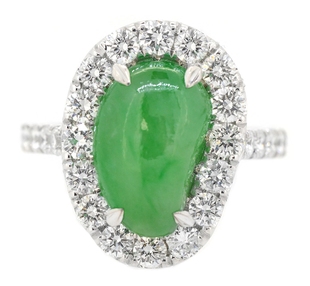 18K White Gold Ladies Ring with 4.66ct GIA Certified Jadeite and 1.58ct Adjacent Diamonds: Retail: $47,500.00 ****** 18K White Gold Ladies Ring with 4.66ct GIA Certified Jadeite and 1.58ct Adjacent Diamonds ****** Size: 6.5 / Metal: 18K White Gold / Total Item Weight: 8.7 Grams / Country