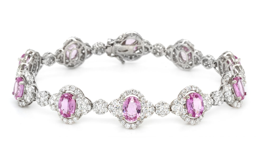 18K White Gold Lasdies Bracelet with 9.0ct Pink Sapphire and 5.86ct Diamonds: Retail: $24,500.00 ****** 18K White Gold Lasdies Bracelet with 9.0ct Pink Sapphire and 5.86ct Diamonds ****** Size: 7 / Metal: 18K White Gold / Total Item Weight: 16.3 Grams / Country Made: United Sta