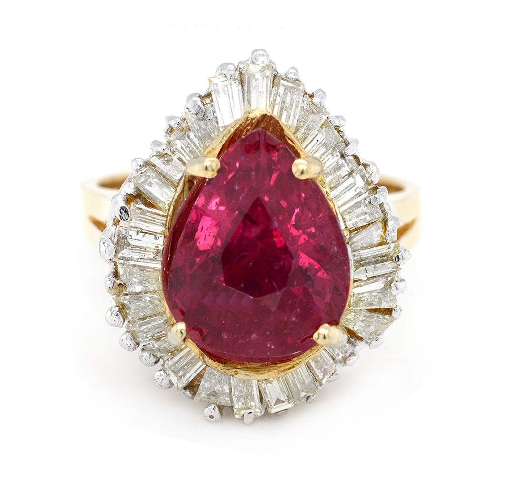 14K Yellow Gold Ladies Ring with 4.48ct Ruby and 1.31tcw Adjacent Diamonds (1 of 5)