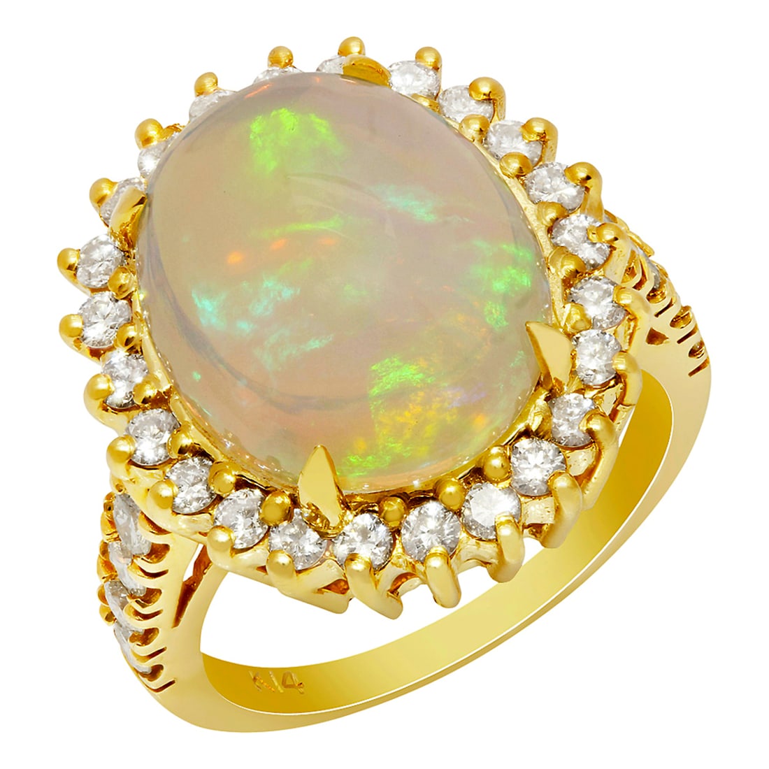 14k Yellow Gold 6.99ct Opal 1.10ct Diamond Ring: Retail: $7,825.00 ****** 14k Yellow Gold 6.99ct Opal 1.10ct Diamond Ring ****** Metal: 14K Yellow Gold / Total Item Weight: 7.70 grams / Country Made: United States / / Main Stone: Opal / Color: Play