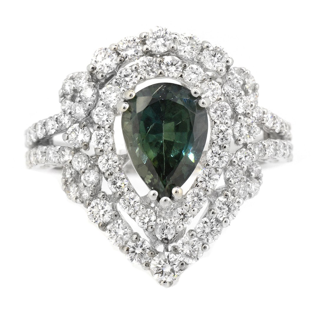 18K White Gold Ladies Ring with 2.13ct Natural Sapphire and 1.59ct tw Adjacent Diamonds: Retail: $12,500.00 ****** 18K White Gold Ladies Ring with 2.13ct Natural Sapphire and 1.59ct tw Adjacent Diamonds ****** Size: 6.5 / Metal: 18K White Gold / Total Item Weight: 5.2 Grams / Country Made