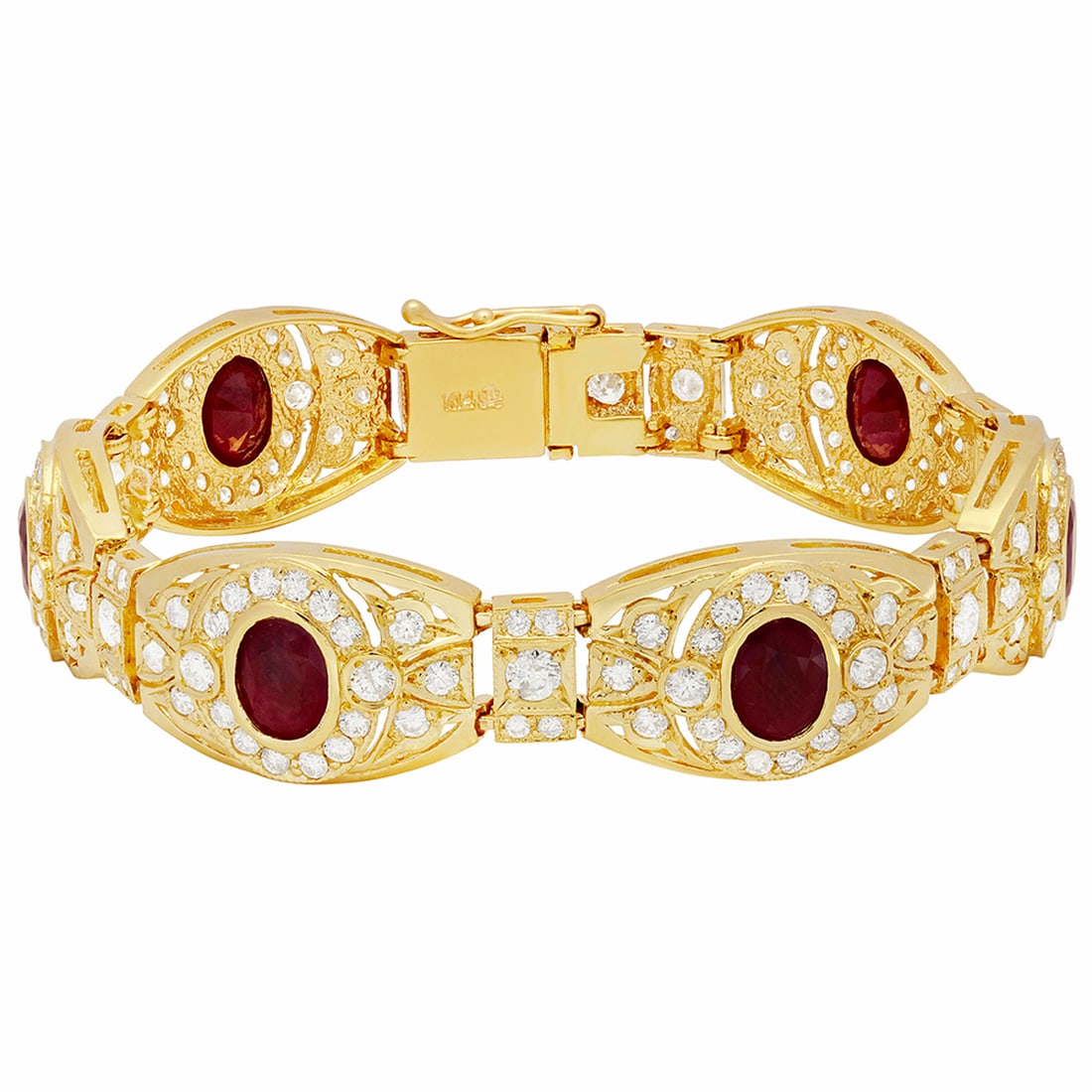 14k Yellow Gold 10.07ct Ruby 7.44ct Diamond Bracelet: Retail: $33,160.00 ****** 14k Yellow Gold 10.07ct Ruby 7.44ct Diamond Bracelet ****** Metal: 14K Yellow Gold / Total Item Weight: 31.40 grams / Country Made: United States / / Main Stone: Ruby /