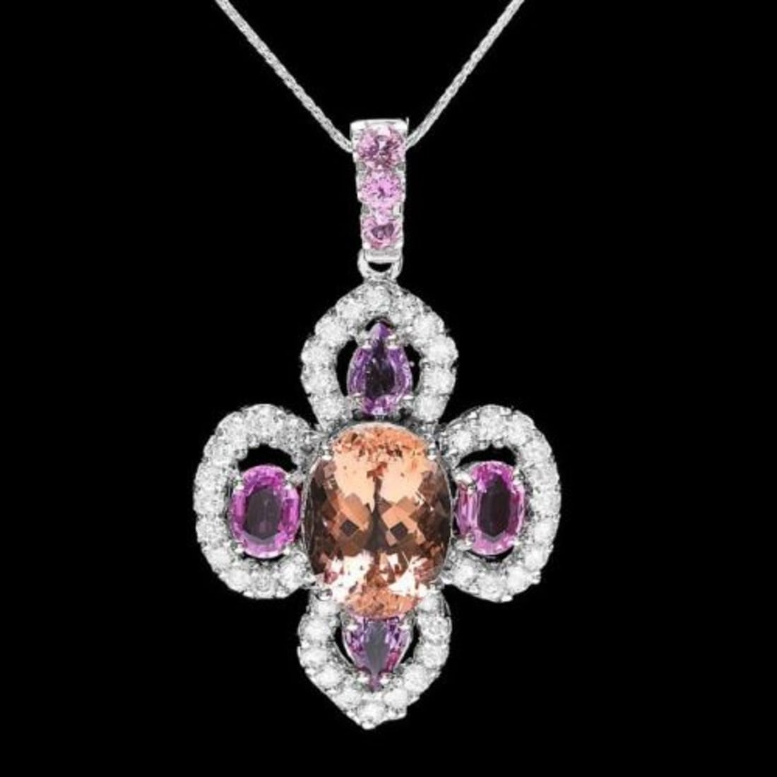 14K Gold 7.17ct Morganite 4.07ct Sapphire and 2.13ct Diamond Pendant: Retail: $16,040.00 ****** 14K Gold 7.17ct Morganite 4.07ct Sapphire and 2.13ct Diamond Pendant ****** Metal: 14K White Gold / Total Item Weight: 10.0 Grams / Country Made: United States / / Main