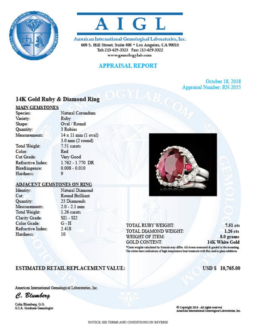 14K White Gold 7.51ct Ruby and 1.26ct Diamond Ring - 5