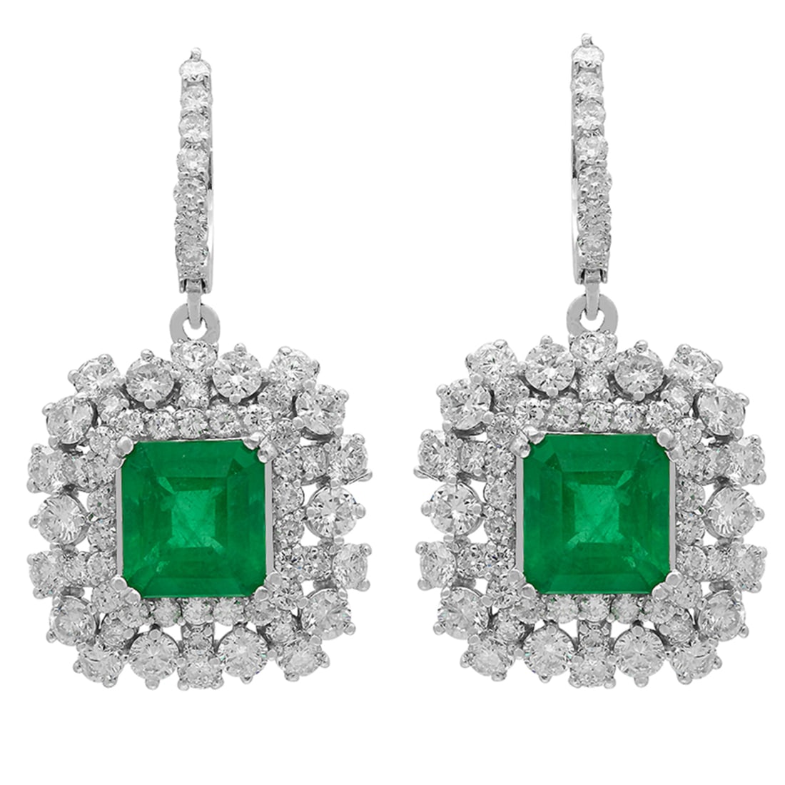 14k White Gold 5.72ct Emerald 5.69ct Diamond Earrings: Retail: $26,115.00 ****** 14k White Gold 5.72ct Emerald 5.69ct Diamond Earrings ****** Metal: 14K White Gold / Total Item Weight: 13.40 grams / Country Made: United States / / Main Stone: Emerald /