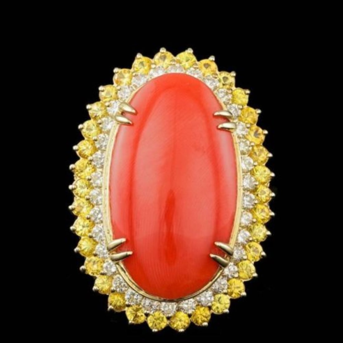 14K Yellow Gold 18.83ct Coral 2.48ct Sapphire and 1.52ct Diamond Ring: Retail: $24,355.00 ****** 14K Yellow Gold 18.83ct Coral 2.48ct Sapphire and 1.52ct Diamond Ring ****** Metal: 14K Yellow Gold / Total Item Weight: 17.0 Grams / Country Made: United States / / Main Sto