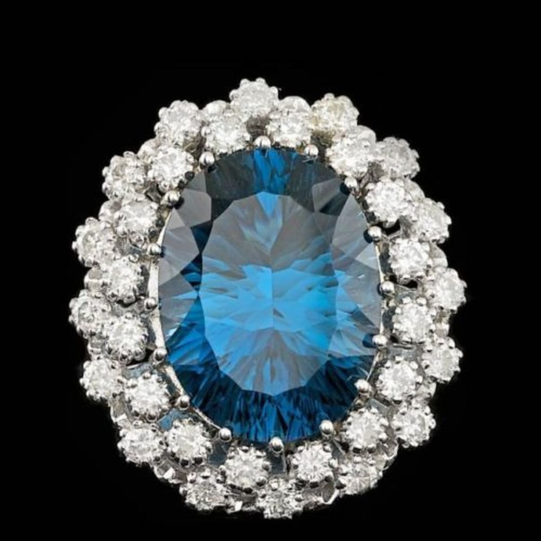 14K White Gold 11.75ct Blue Topaz and 1.51ct Diamond Ring: Retail: $12,905.00 ****** 14K White Gold 11.75ct Blue Topaz and 1.51ct Diamond Ring ****** Metal: 14K White Gold / Total Item Weight: 11.5 Grams / Country Made: United States / / Main Stone: Blue